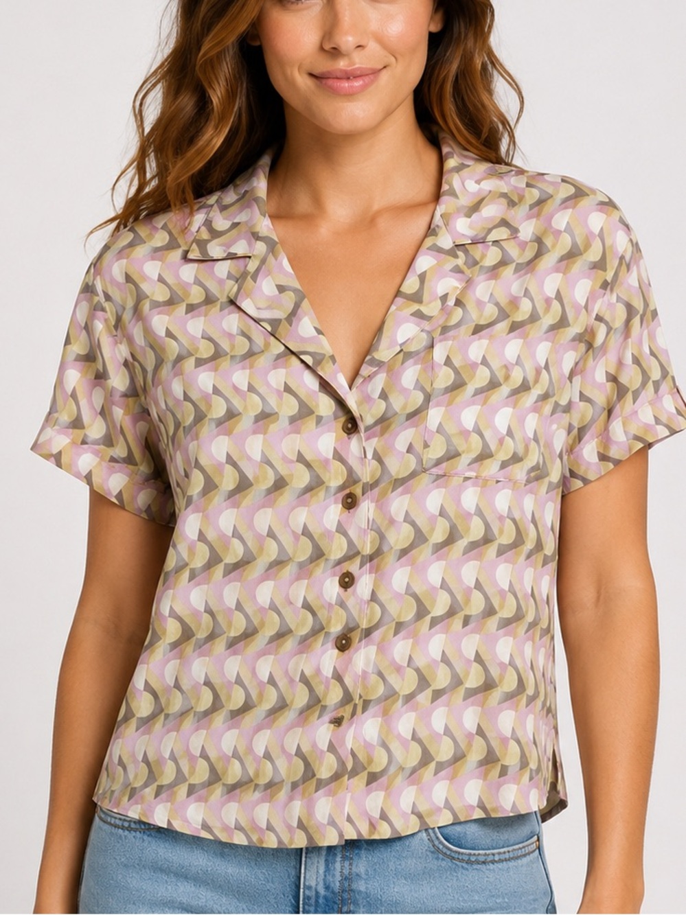 prAna Iguala‎ Top Willow Retro Geo Modal pink brown Camp Shirt Women’s size XS